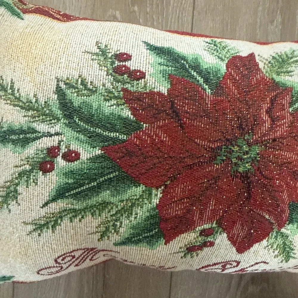 Luxury Christmas Poinsettia Tapestry Needlepoint Pillow‎ Pine Berries Mistletoe